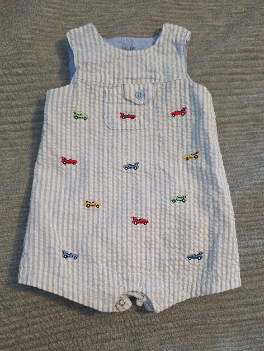 Baby Seersucker Romper with Embroidered Cars - Blue/White
